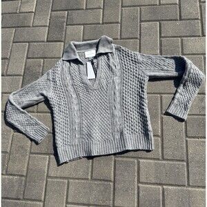 Jason Wu Wool Blend Collared V Neck Crop Sweater Gray Cable Knit NWT $89 XS